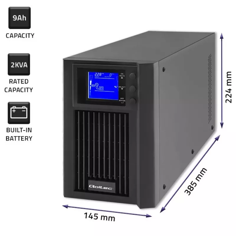 Nepertraukiamo maitinimo šaltinis QOLTEC 53981 On line 2kVA, 2000 VA galia