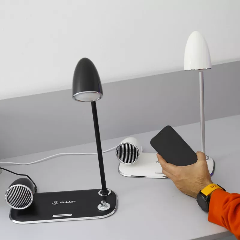 Stalinė lempa Tellur TLL151361 su belaidžiu Qi įkrovikliu ir Bluetooth garsiakalbiu, reguliuojamas apšvietimas