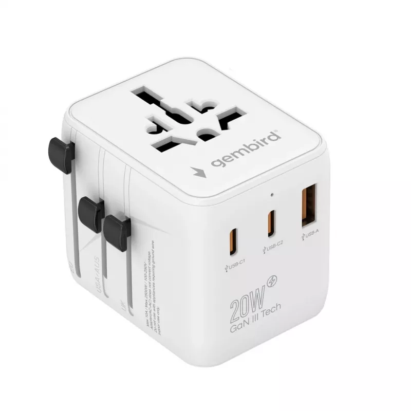 Kelioninis maitinimo adapteris GEMBIRD TPA-1A2C20-01-W — 20 W, USB-A (18 W) + 2× USB-C (20 W), Type E kištukas, baltas