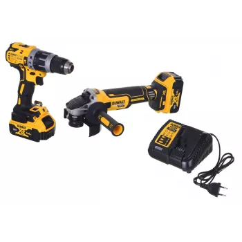 Elektrinių įrankių rinkinys DeWALT DCK2080P2T-QW — 18V Li‑Ion 5Ah (2x), DCG405 kampinis šlifuoklis, gręžtuvas/suktuvas, M14 šlifavimo disko sriegis, nešiojimo dėklas