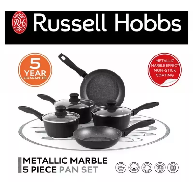 Penkių dalių Russell Hobbs keptuvių rinkinys Metallic Marble RH02814EU7 — nelimpanti danga, įvairūs dydžiai