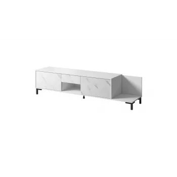 TV spintelė Cama Meble MARMO 2D1S1K, 195x40x47,5 cm, balta matinė/viršus marmuro baltumo