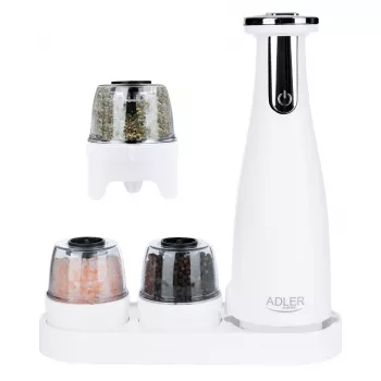 Elektrinis druskos ir pipirų malūnėlių rinkinys Adler AD 4449W Steel White, keraminės girnos, 150 ml, USB-C įkraunamas