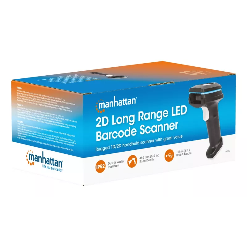 Manhattan 2D ilgo nuotolio LED brūkšninių kodų skaitytuvas, USB, 450 mm skaitymo gylis, maks. aplinkos apšvietimas 100 000 liuksų (saulės šviesa), palaiko simboliką – 1D (x21 versijos) ir 2D (x10 versijos), skaitytuvo RJ45 į USB 1,8 m laidas (populiariausias tipas, kuris yra USB-A), juodas, 3 metų garantija