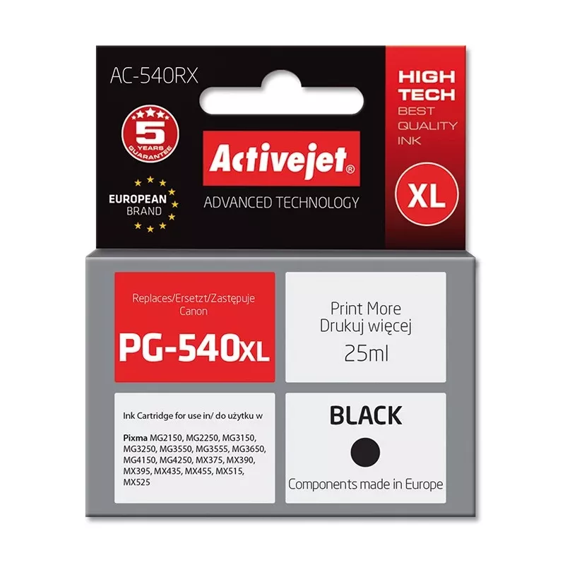 Activejet AC-540RX rašalinė kasetė (pakeičia Canon PG-540XL; Premium; 25 ml; 700 puslapių, juoda)