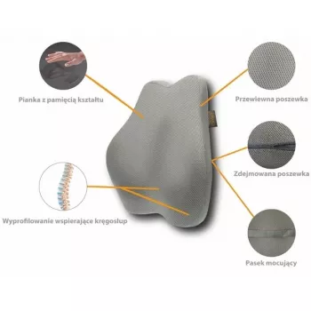 Juosmens atramos pagalvėlė MDH DRQE3S0BBXUXP — ergonominė atminties putų, 450×410×105 mm, tankis 55 kg/m³, pilka, su maišeliu