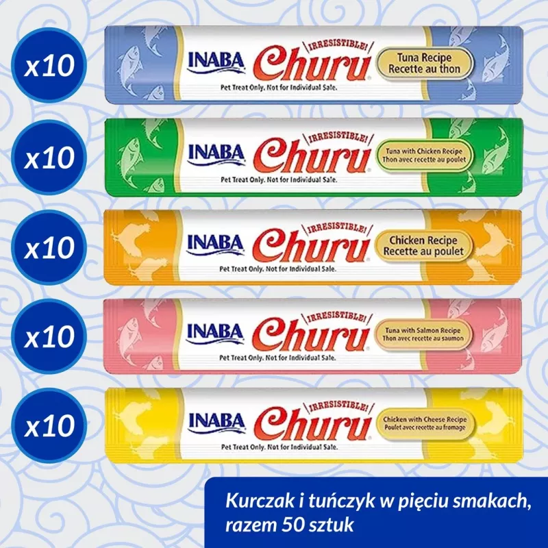 Šlapi kačių skanėstai INABA Churu Varieties — vištiena ir tunas, 50 x 14 g pastos tūbelių, be grūdų, be glitimo ir be cukraus