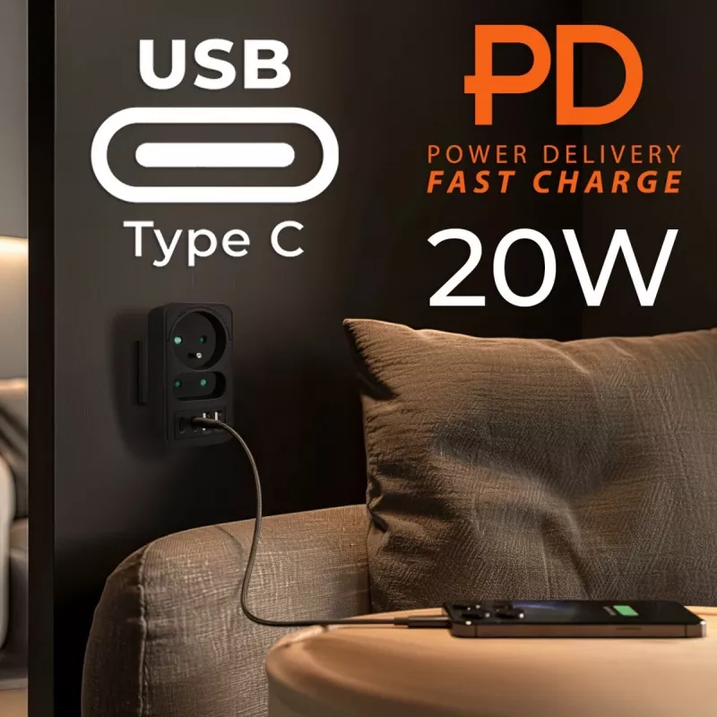 Maitinimo skirstytuvas MACLEAN MCE249 F/B — 2 kintamosios srovės lizdai (16A + 6A) su 2×USB-A ir 2×USB-C PD 20W, EU kištukas, juodas