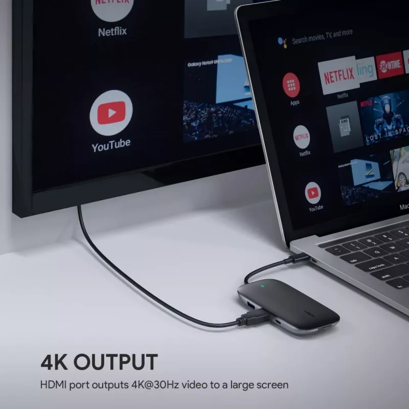 Nešiojamojo kompiuterio dokas AUKEY CB-C71 — 3x USB‑C (USB 3.2 Gen1), HDMI, RJ‑45, MicroSD, USB PD 100 W, 0,15 m kabelis, juodas