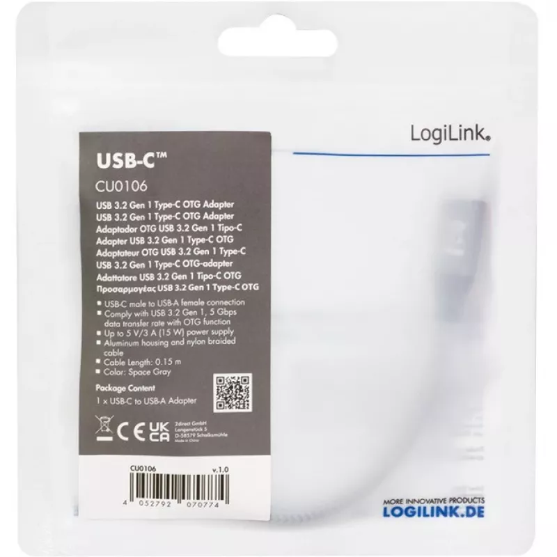 LogiLink USB 3.2 Gen1 Type-C adapteris C/M į USB-A/F OTG aliuminis 0,15 m