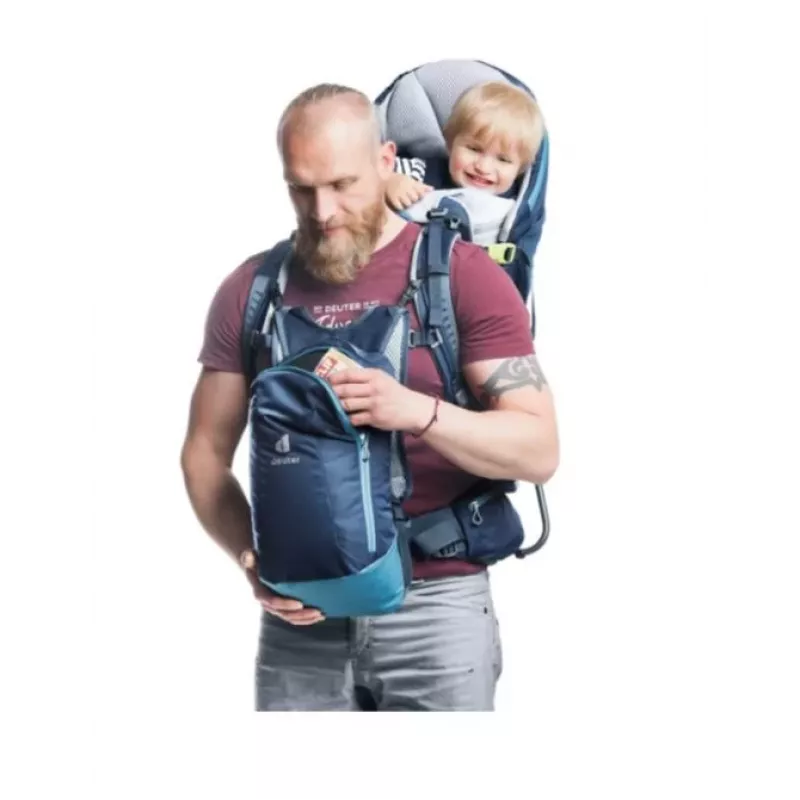 Kūdikio nešiojimo kuprinė Deuter Kid Comfort Pro, mėlyna, poliamidas, maks. 22 kg, skydelis nuo saulės, šoninė kišenė