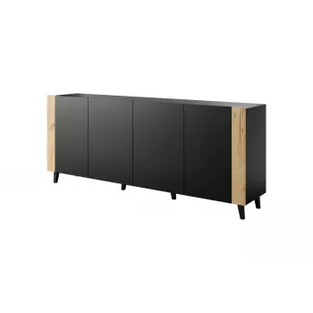 Komoda cama meble FARO KOM200 CZ — 2000×420×820 mm, matinis juodas rėmas, ąžuolo spalvos dekoruoti fasadai