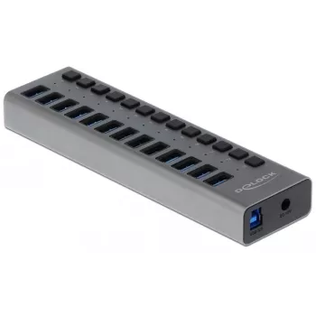 DeLOCK išorinis USB 5 Gbps šakotuvas su 13 prievadų + jungiklis, USB 3.2 Gen 1 (3.1 Gen 1) Type-B, USB 3.2 Gen 1 (3.1 Gen 1) Type-A, 5000 Mbit/s, pilkas, aliuminis, 1 m