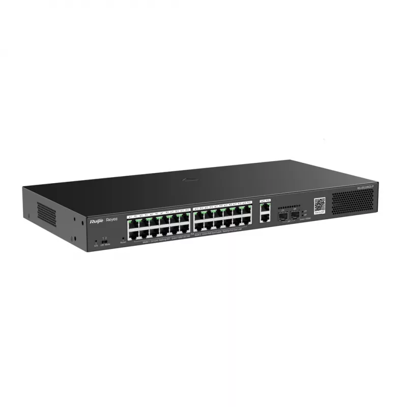 Valdomas komutatorius RUIJIE RG-ES228GS-P — 26x Gigabit RJ-45, 24x PoE prievadai, 370W PoE biudžetas, 2x SFP, metalinis stovo montavimas