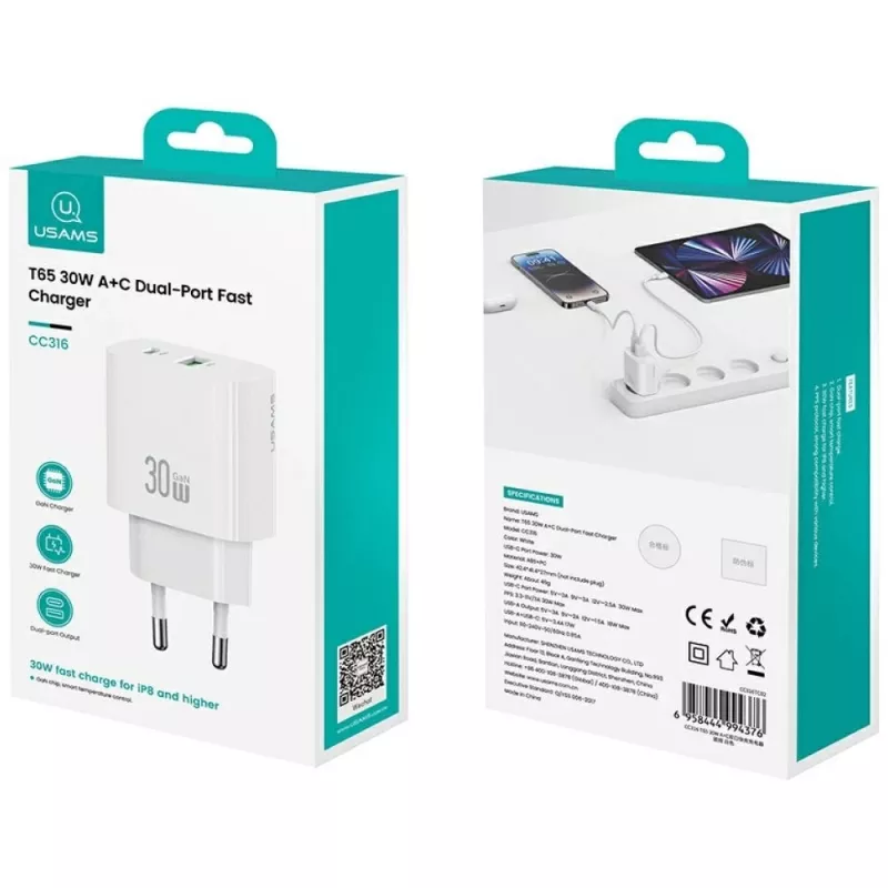 Įkroviklis usams USA001632 30W 1×USB-C 1×USB-A Greitas įkrovimas