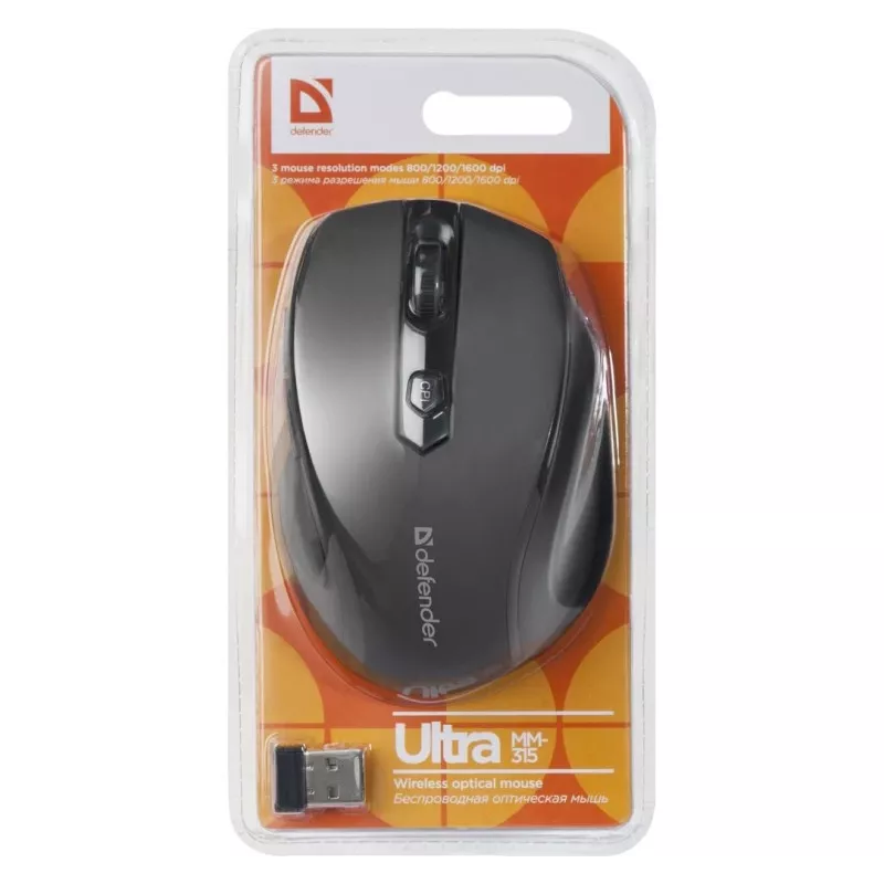 Belaidė RF optinė dešiniarankė pelė DEFENDER ULTRA MM-315 — 1600 DPI, 6 mygtukai, USB imtuvas, juoda