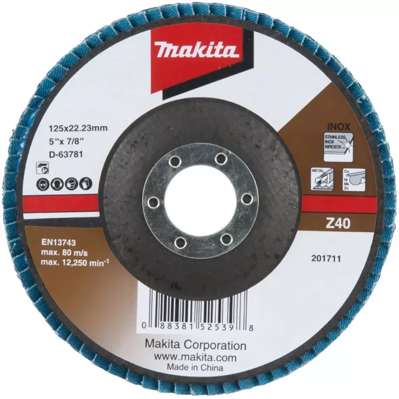 Makita - šlifavimo diskas - metalui, nerūdijančiam plienui, spalvotiesiems metalams - 125 mm - Grūdėtumas: Z40 (D-63781)
