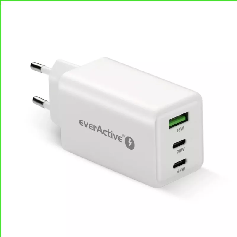 Maitinimo įkroviklis everActive SQ-655Q 65W, 1×USB-A + 2×USB-C greitasis įkrovimas