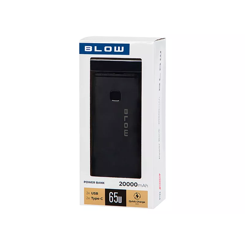 Nešiojama išorinė baterija BLOW PB20G 20000 mAh PD 65 W, USB-C įvestis / išvestis, 2 × USB-A išvestys, juoda
