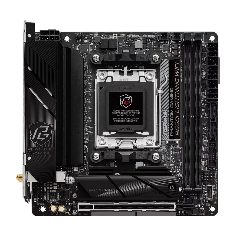 Mini-ITX pagrindinė plokštė ASRock B650I Lightning WiFi — AMD B650, Socket AM5, DDR5, 2 DIMM (iki 96 GB), Wi‑Fi 6E, 2.5Gb LAN