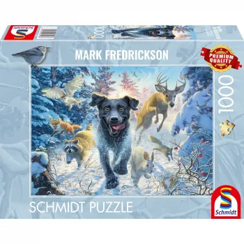 Mark Fredrickson: šuns meilė - juodasis labradoras sniege, 1000 dalių dėlionė