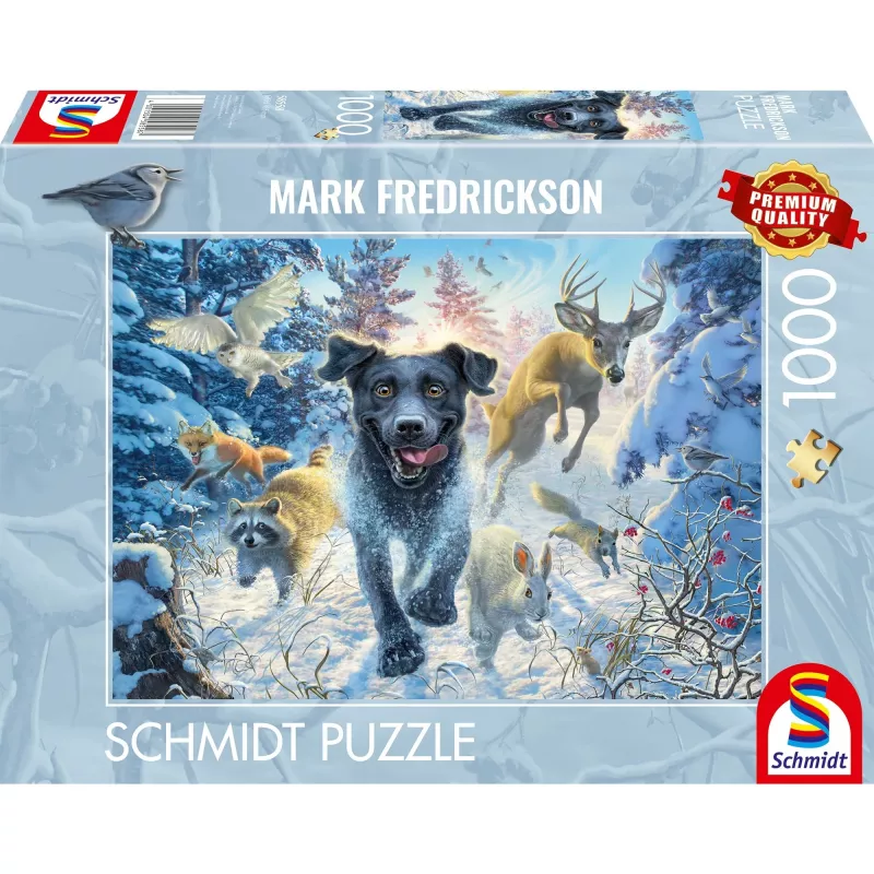 Mark Fredrickson: šuns meilė - juodasis labradoras sniege, 1000 dalių dėlionė