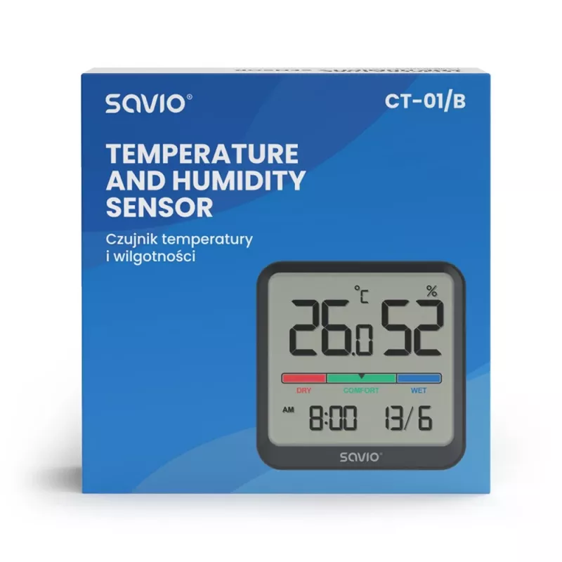 Vidaus temperatūros ir drėgmės jutiklis SAVIO CT-01/B atskirai stovintis, LCD, -10–55°C, 10–99% RH, CR2032