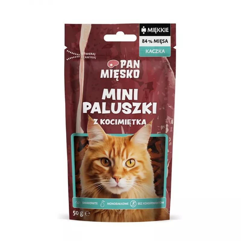 Pan Miesko Mini Duck Sticks su katžole kačių skanėstai 50 g — hipoalerginis, be grūdų ir be sojų užkandis suaugusioms katėms