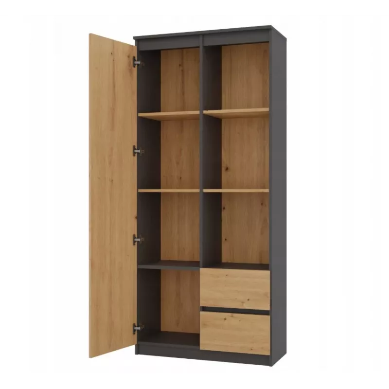Top e Shop RS-80 BILY biuro knygų spinta, antracito rėmas, artisan ąžuolo durys, 7 lentynos, 2 stalčiai, 1800×800×350 mm