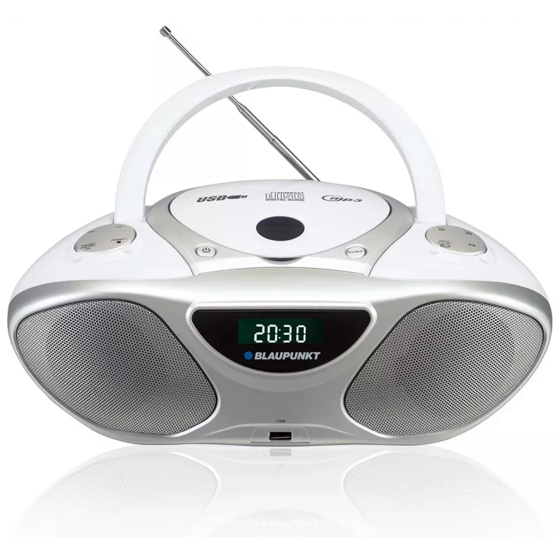 CD grotuvas BLAUPUNKT BB14WH — CD grotuvas su MP3 atkūrimu, USB, LCD, laikrodis, 2x1 W garsiakalbiai, sidabrinis/baltas