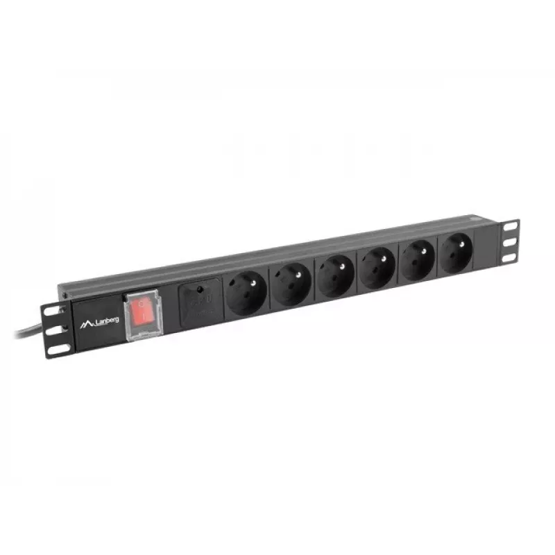 Maitinimo skirstymo įrenginys LANBERG PDU-06E-0200-BK — 6x E tipo lizdai, 16 A, 2 m kabelis, 1U stovas, 220–250 V