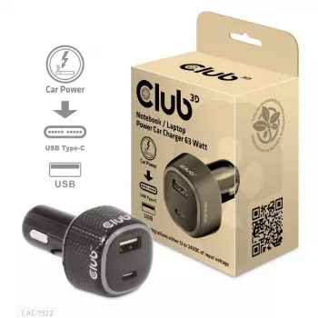 CLUB3D Nešiojamojo kompiuterio / Laptop maitinimo automobilinis įkroviklis 63 Watt, Auto, cigarečių žiebtuvėlis, 24 V, Juodas