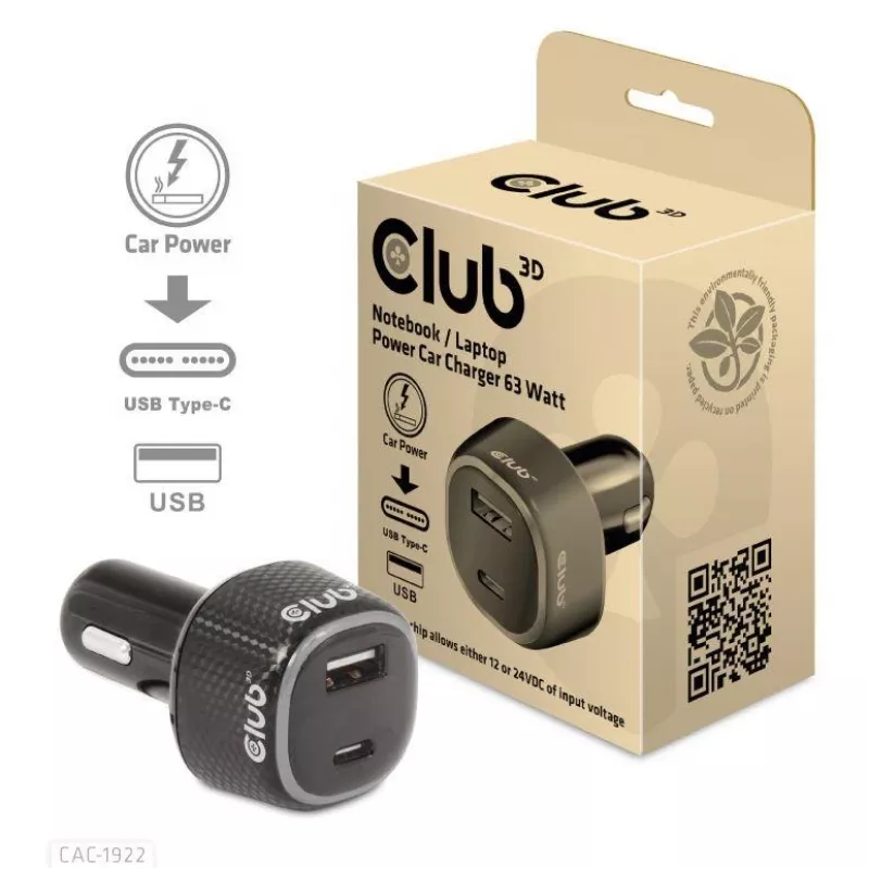 CLUB3D Nešiojamojo kompiuterio / Laptop maitinimo automobilinis įkroviklis 63 Watt, Auto, cigarečių žiebtuvėlis, 24 V, Juodas
