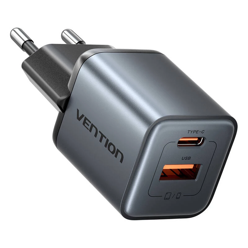 Vention FEWH0-EU 30W GaN įkroviklis — 1× USB-C, 1× USB-A, 30 W, juodas
