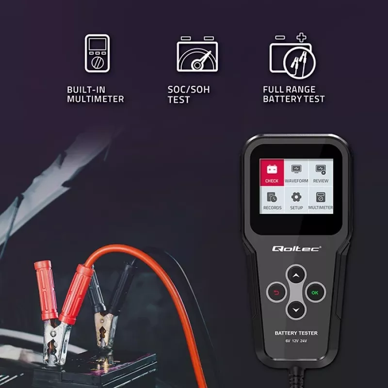 Qoltec 52489 Skaitmeninis akumuliatoriaus analizatorius 3 viename su LCD ir keliomis kalbomis 6V | 12V | 24V | 30Ah-200Ah