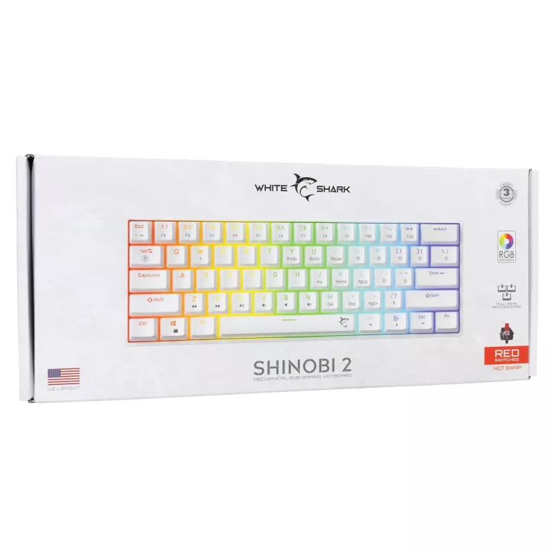 Laidinė mechaninė klaviatūra White Shark Shinobi-2 (GK-004211) — US išdėstymas, raudoni jungikliai, balta