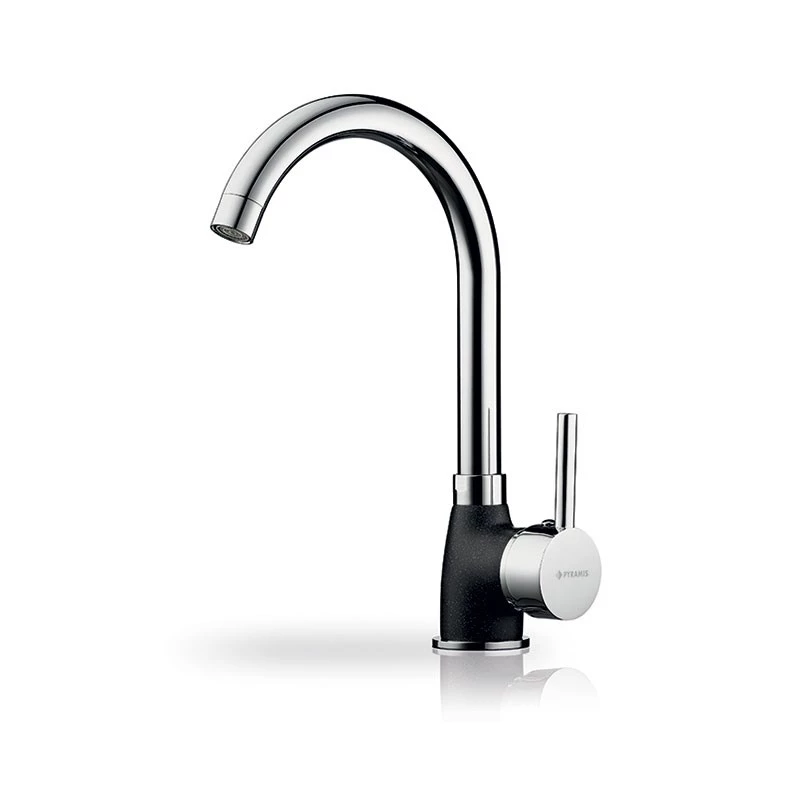 Virtuvės maišytuvas PYRAMIS Bello Duo — granito korpusas, chromuota galvutė, viena svirtis, pasukamas C formos snapelis, 30 cm aukštis, 220 mm snapelio siekis