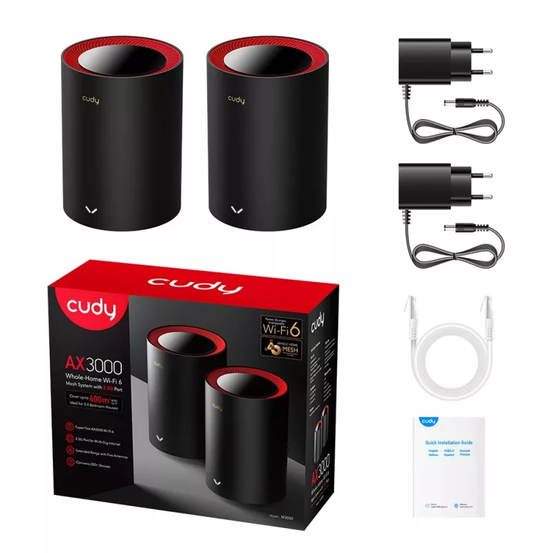 Cudy M3000 2 vnt. paketas Dviejų dažnių (2,4 GHz / 5 GHz) Wi-Fi 6 (802.11ax) Juoda, Raudona 1 Vidinė antena