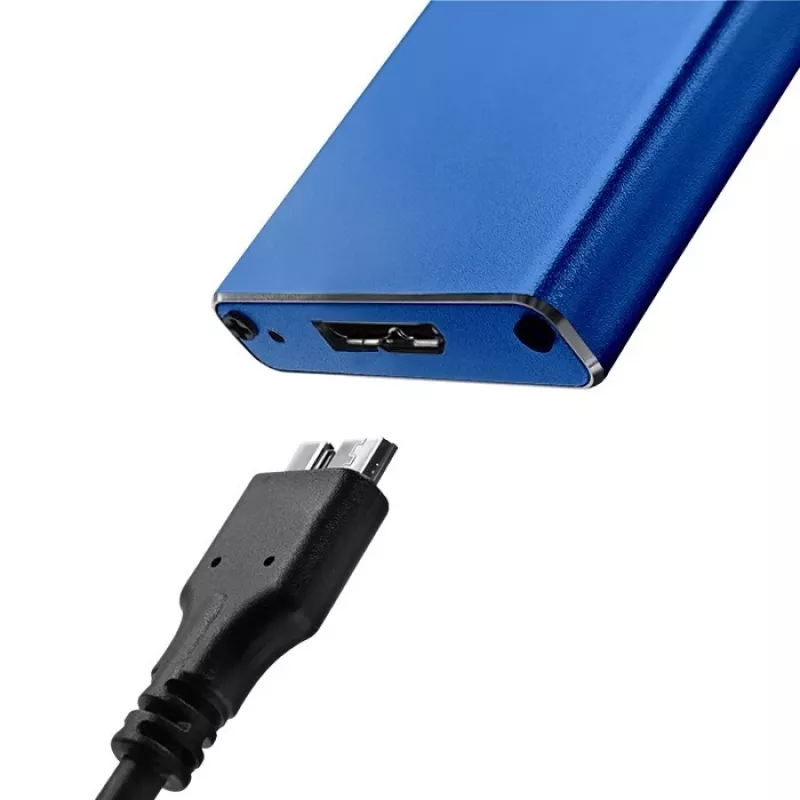 SSD dėžutė QOLTEC 51832 — išorinė M.2 SATA, USB 3.0, iki 2 TB, mėlyna, palaiko 30 mm diskus, 4 lizdai