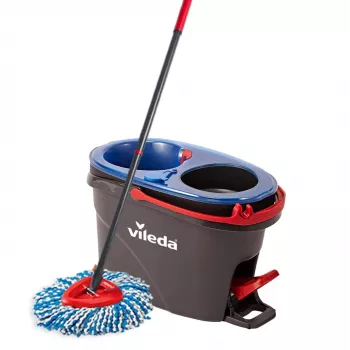 Grindų šluota VILEDA Microfibre 320 mm, teleskopinė rankena 55–123 cm, plaunama, 360° besisukanti galvutė, juoda/mėlyna/raudona