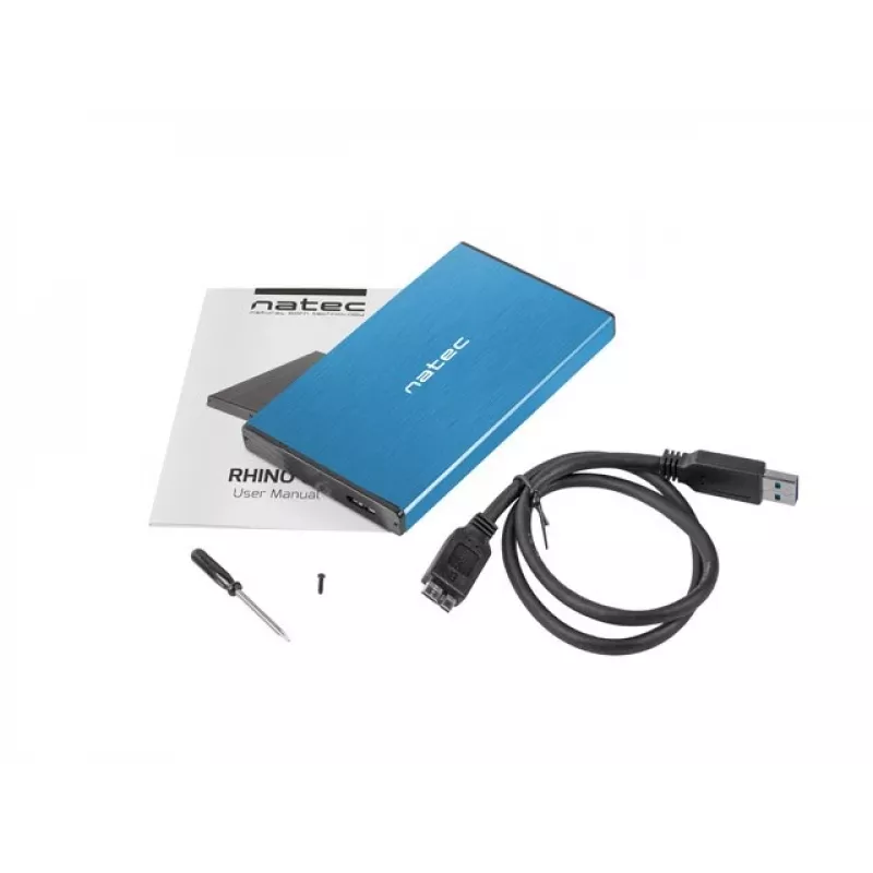 Išorinio HDD/SSD korpuso NATEC Rhino GO 2,5 colio — USB 3.0, SATA III, iki 4 TB, 9,5 mm, aliuminis, mėlynas