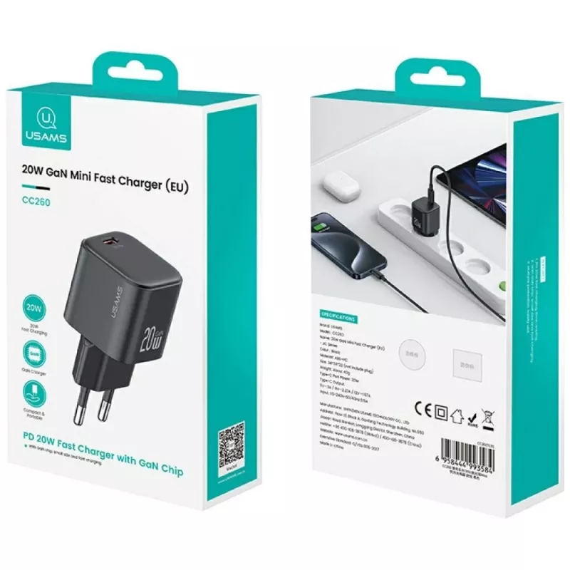 Pakrovėjas usams USA001627 20W 1×USB‑C su USB‑C kabeliu — greito įkrovimo adapteris telefonams ir planšetėms