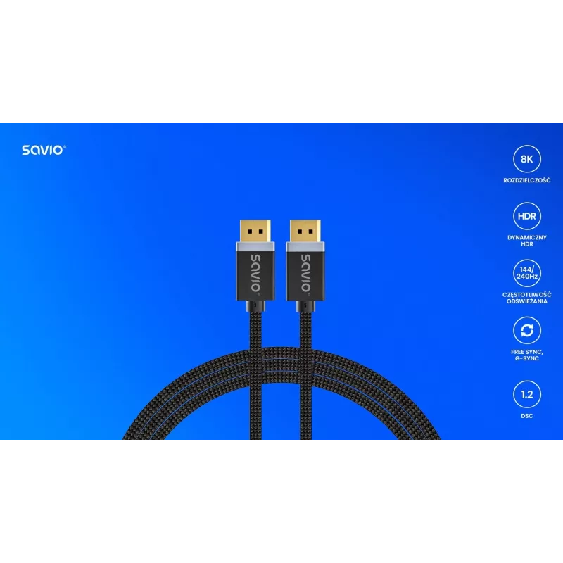 DisplayPort laidas SAVIO CL-166 2 m Juodas — DisplayPort 1.4, kištukas-kištukas, paauksuoti kontaktai