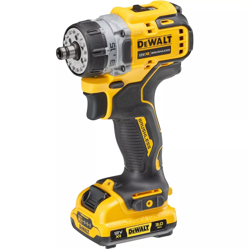Pistoleto formos grąžtas DeWalt DCD703L2T-QW — 12V, 3,0Ah x2, 1500 aps./min., 10 mm begalinis griebtuvas, 25,5 N·m, 0,9 kg