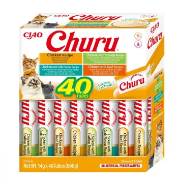 Kačių skanėstai INABA Churu Variety Box — Vištienos pastos skanėstai, 40 × 14 g, be grūdų, be glitimo ir sojos