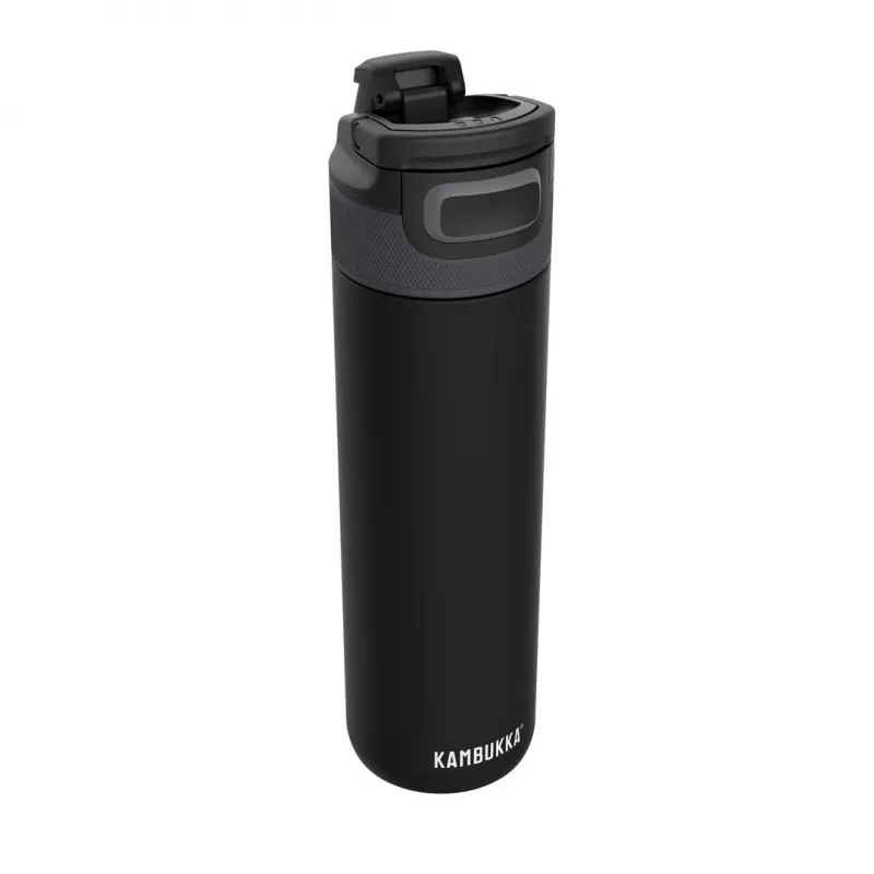 Termoizoliuotas gėrimų butelis Kambukka ELTON 600 ml — juodas, dvigubos sienelės nerūdijantis plienas, vakuumu izoliuotas, nepralaidus