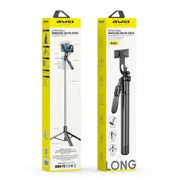 Selfie stick Awei X56 aliumininis juodas – ištraukiamas rankinis laikiklis išmaniesiems telefonams