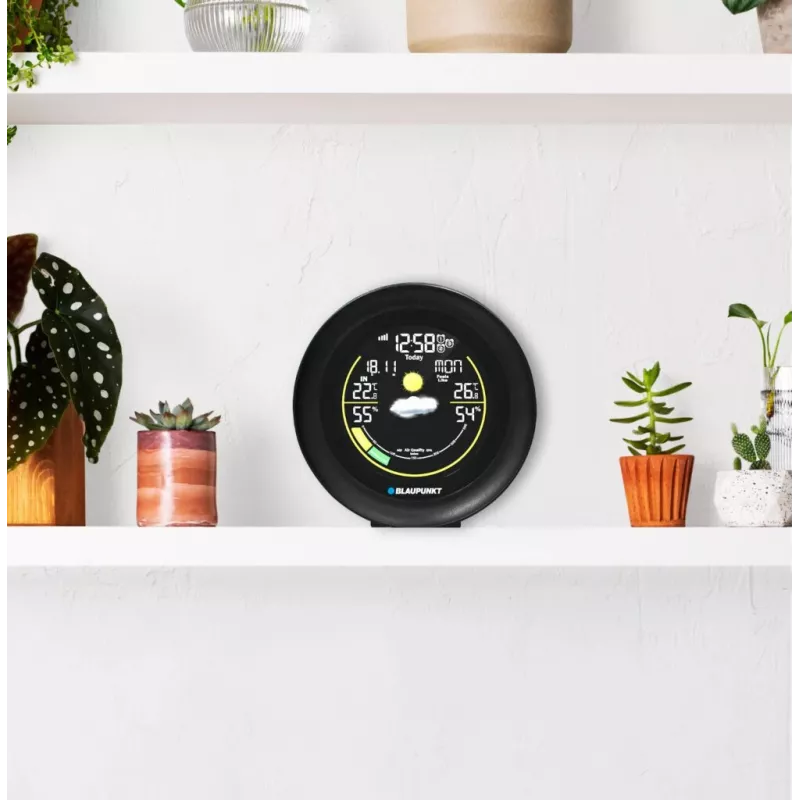 Oro stotelė BLAUPUNKT WS35BK APP — LCD ekranas, temperatūra ir drėgmė, žadintuvas, kalendorius, programėlės ryšys, 94×94×27 mm