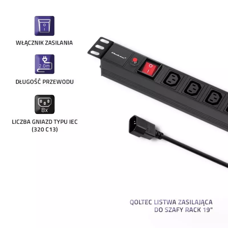 Qoltec 53998 maitinimo juosta RACK 19 | 1U | 10A | PDU | 8xIEC C13 | 2m