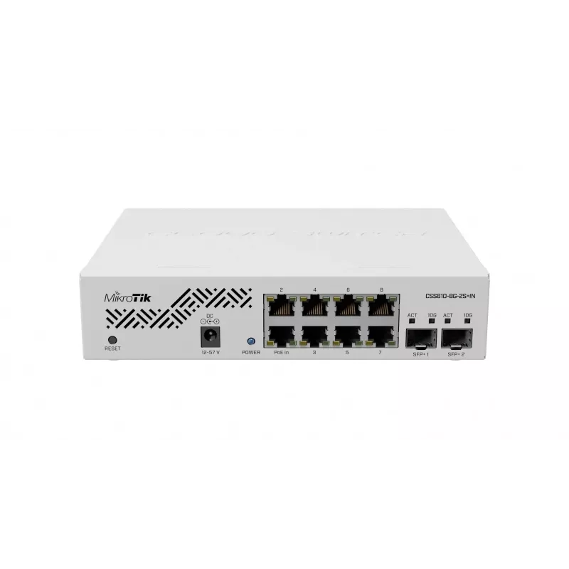 Tinklo komutatorius MikroTik CSS610-8G-2S+IN — 8x Gigabit RJ-45, 2x SFP+ 10G, PoE, 12–57V įvestis